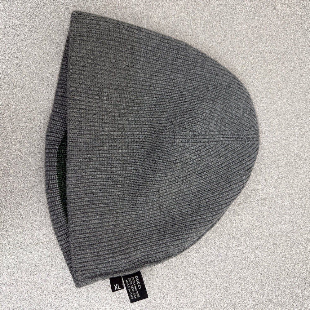 Gucci Hat Unisex XL Grey Web Stripe Wool Silk Ribbed Knit Beanie Made in Italy - Picture 4 of 6